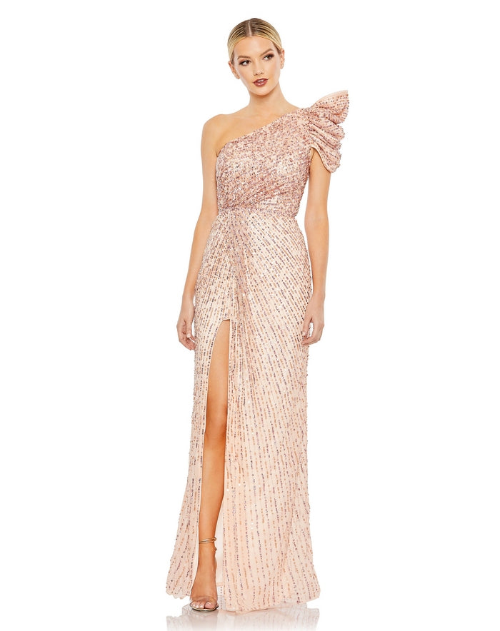 green emerald velvet dress Mac Duggal Women's One Shoulder Metallic Burnout Velvet Evening Gown - Gold - Size 10 main image 0