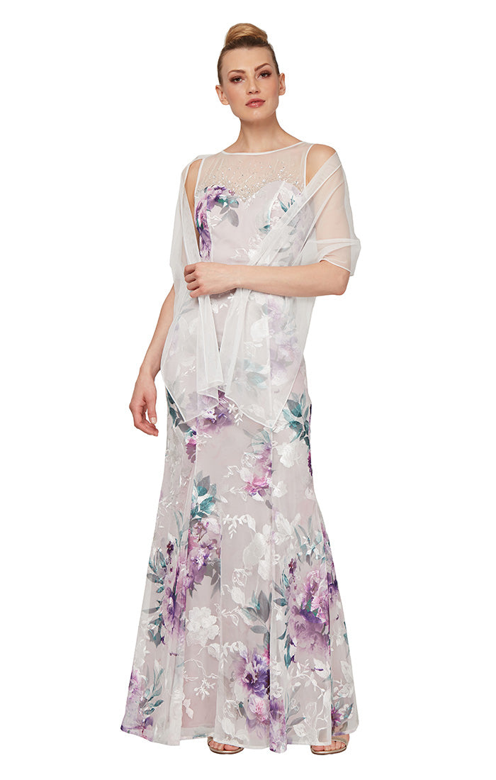 Ignite Evenings Long Embroidered Gown with Shawl