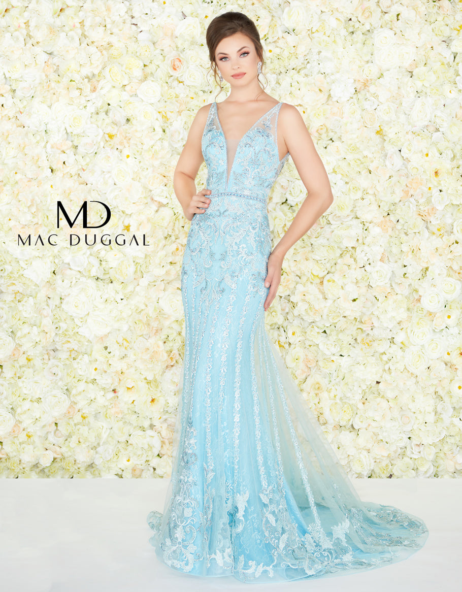 sachin and babi light blue dress Mac Duggal 70275 Lace-Up Back Floral Appliques Dress main image 1