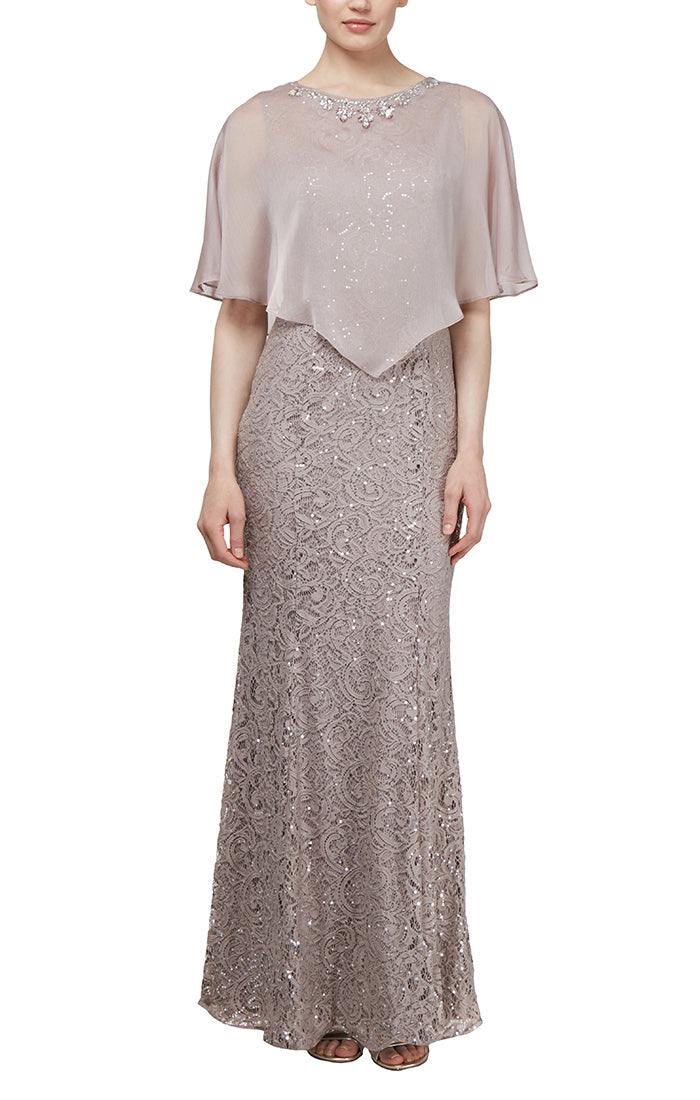 Ignite Evenings Sequin Lace Dress with Cape Ignite Evenings Sequin Lace Dress with Cape
