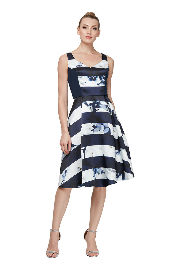 Ignite Evening Strip V Neck Full Skirt Manhattandress