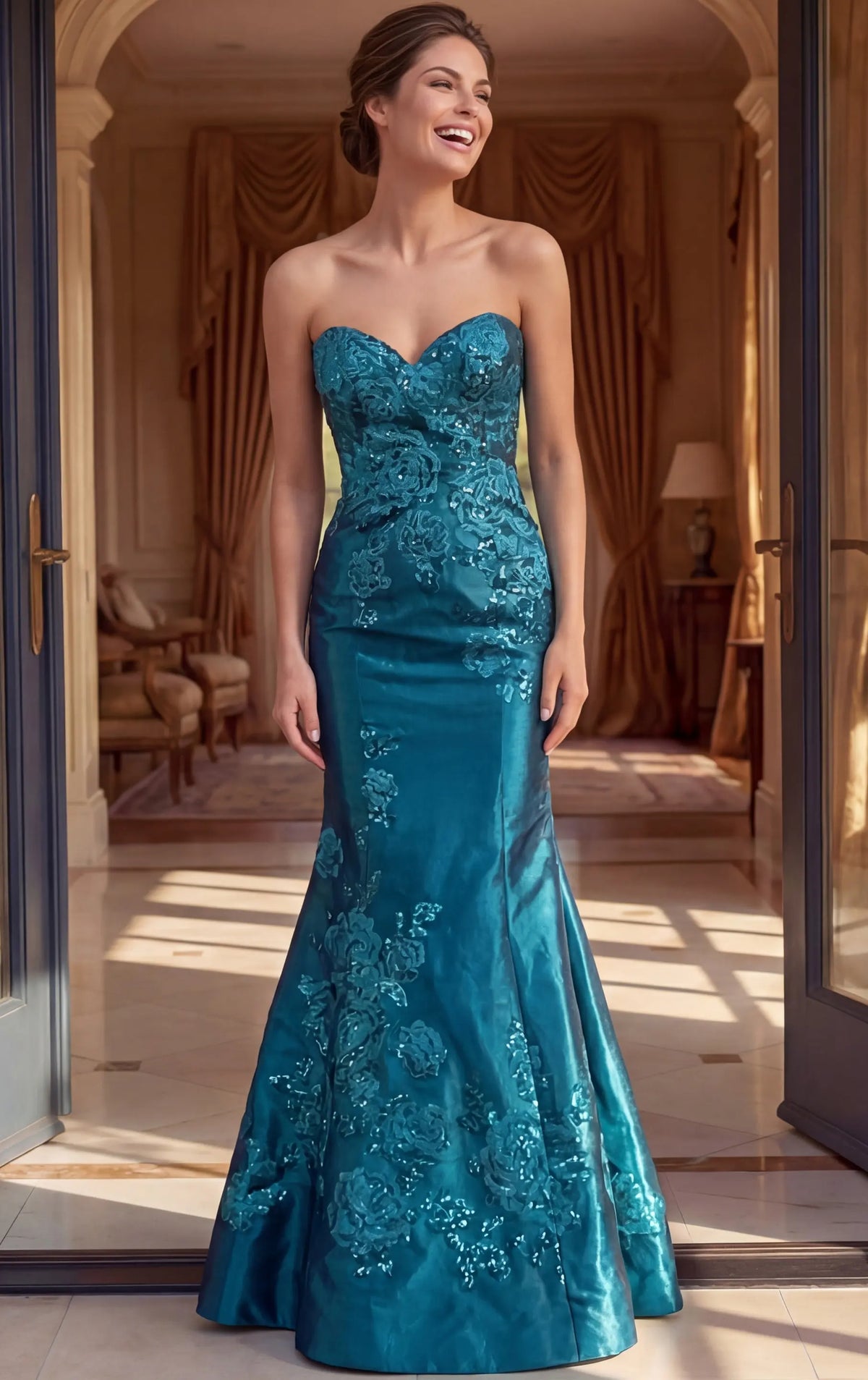 Jovani 52772 Peacock strapless floral mermaid gown, front
