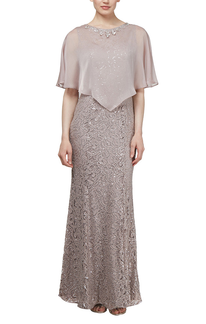 Ignite Evenings Sequin Lace Dress with Cape
